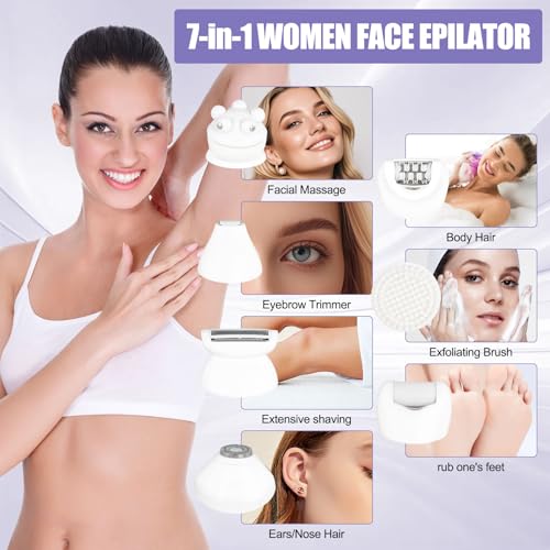 3.0 Women Face Epilator, 7-in-1 Rechargeable Facial Hair Remover with LED Battery Display, Facial Shaver for Face, Eyebrow, Nose Trimmer (White) - Thumbnail 2