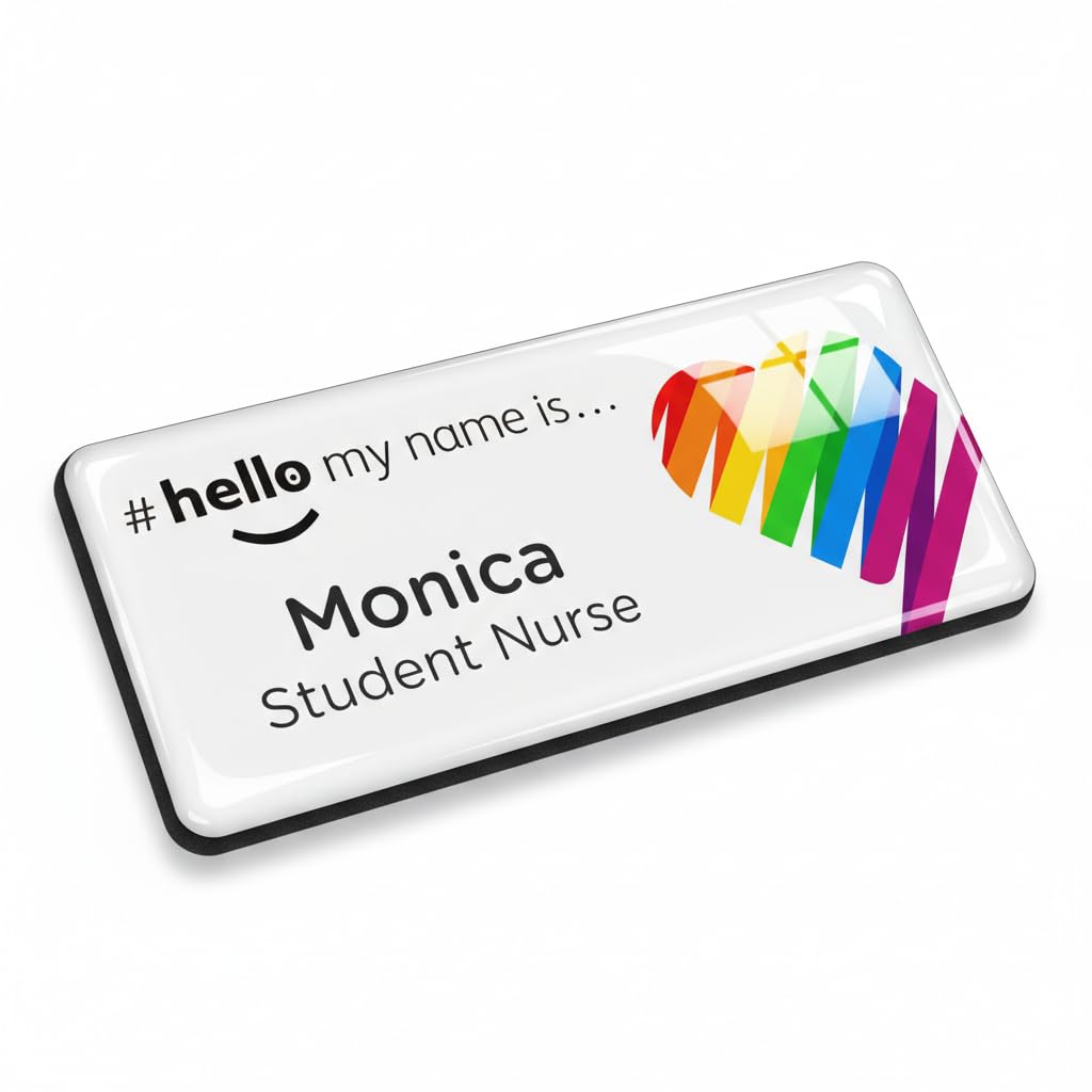 Badgemaster Hello My Name is Rainbow Ribbons Heart Personalised Premium Domed Bespoke Custom Name Badge 76 x 32mm White/Black