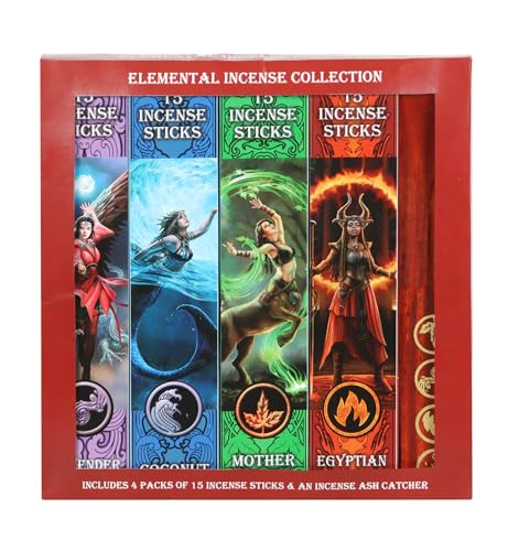 Anne Stokes Elemental Magic Incense Set - Four Elements Gift Pack with Sorceress-themed Sticks - Mother Earth, Lavender, Egyptian Musk, Coconut Fragrances - Includes Ash Catcher in Gift Set