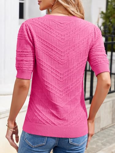 Image of Womens Puff Short Sleeve Sweater Summer Crew Neck Ribbed Knit Pullover Tops