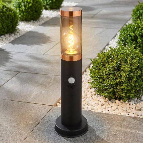 Standleuchte Außenbeleuchtung Sockelleuchte rauch Kupfer Außen mit Bewegungsmelder Garten Stehlampe, Edelstahl Kunststoff, 1x E27, DxH 7,6x45 cm