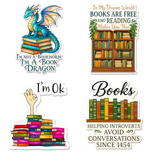 4Pcs Book Lover Sticker Pack – Bookworm, Library, Reading Quote Vinyl Stickers for Readers, Bookworms, Laptop, Water Bottle, Kindle, Journals – Waterproof Bookish Gifts for Women & Teens