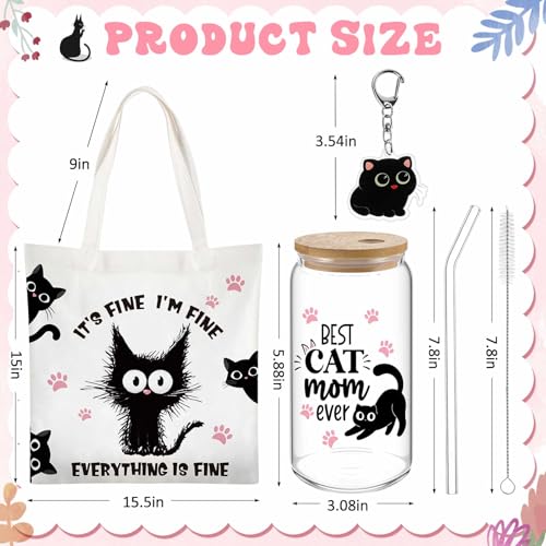 Paterr 4 Pcs Black Cat Gifts for Women Black Cat Themed Gift for Birthday with Canvas Tote Bag 16oz Glass Coffee Cup with Straw Socks Cute Keychain