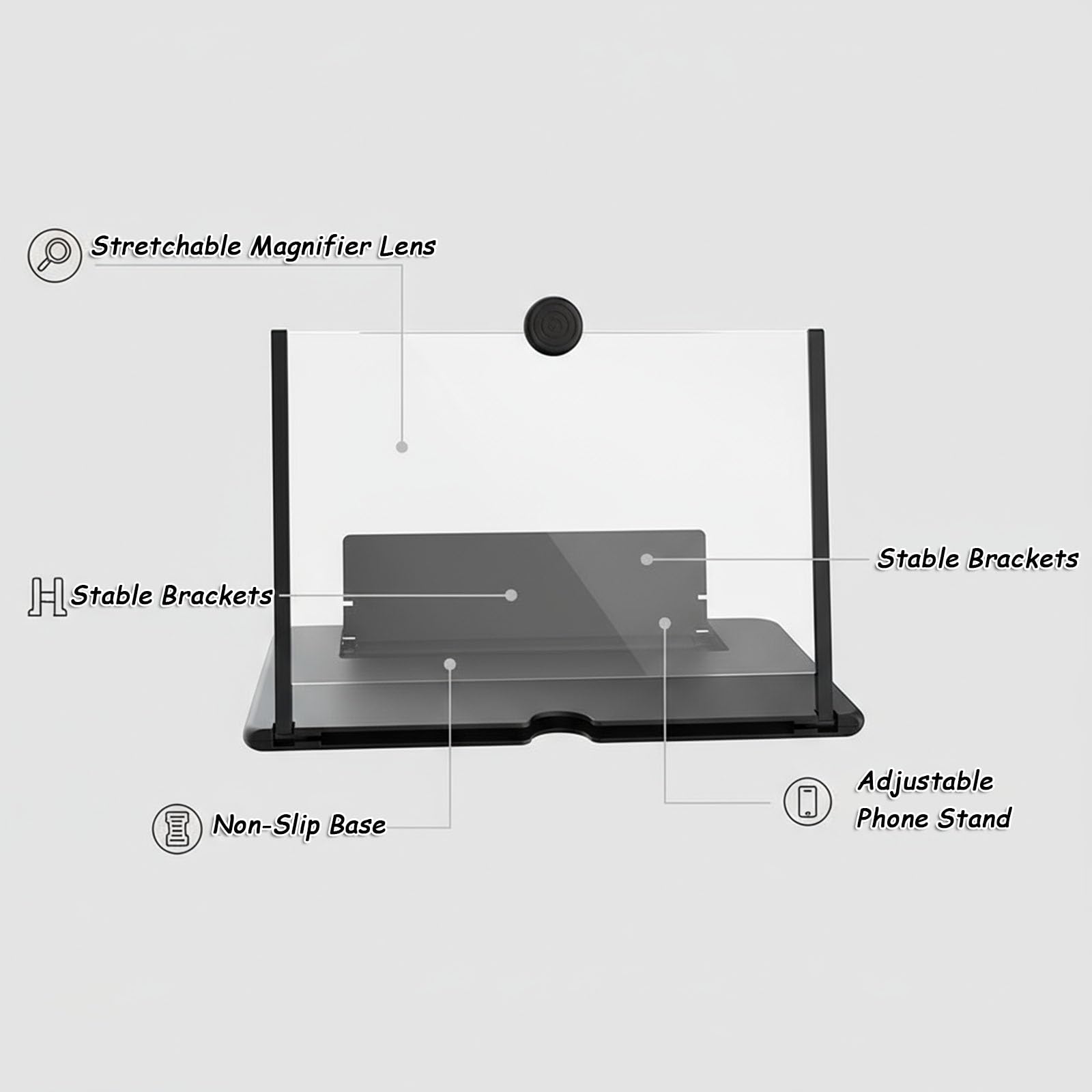 Loupe D'éCran de TéLéPhone, Loupe Agrandisseur D'Ecran Portable, Loup Ecran, Support Pliable Portable, Compatible avec Plusieurs ModèLes,Noir,12 inches