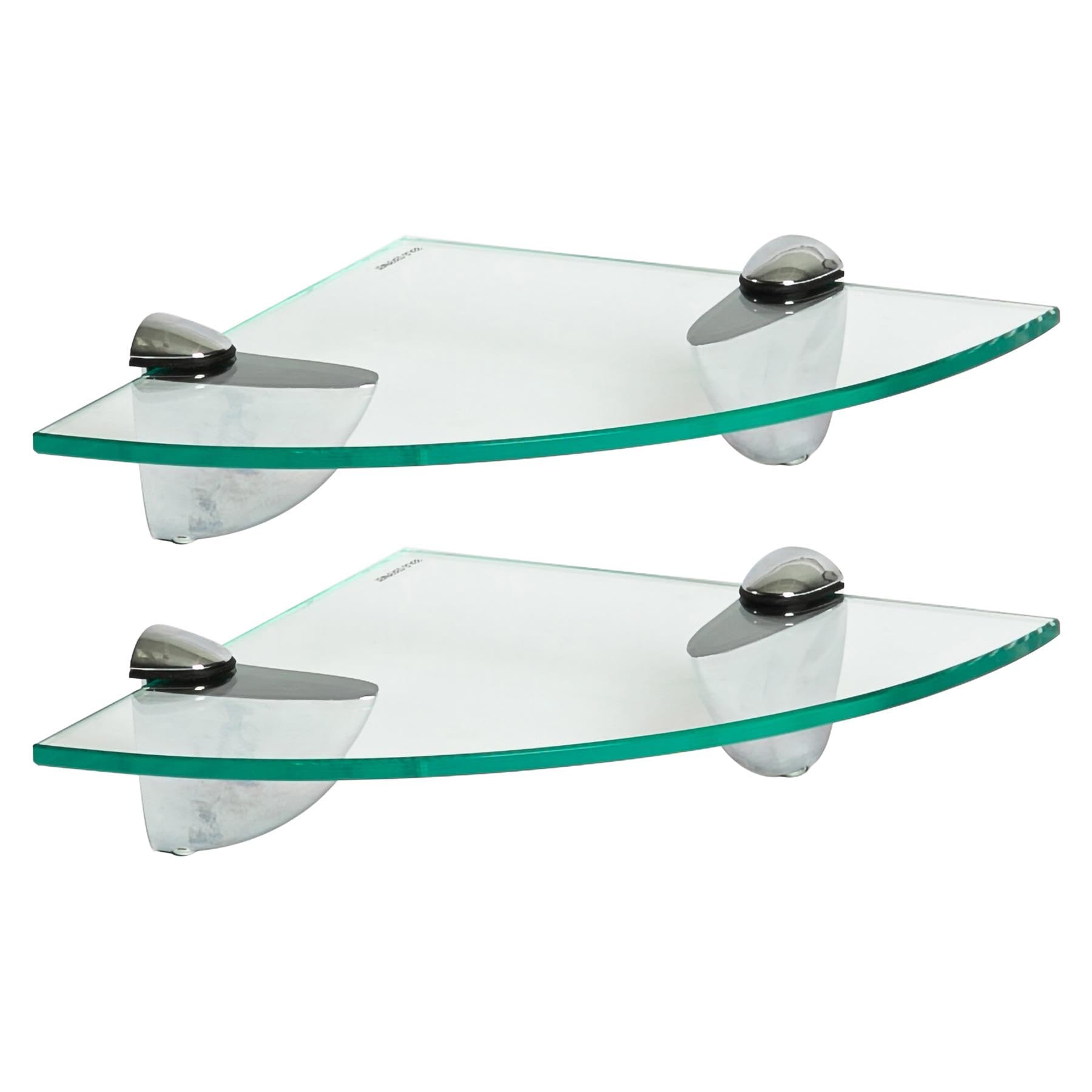 Harbour Housewares Floating Glass Wall Corner Shelves - 20cm - Pack of 2 - Shelving Storage Vanity Display Shelf Unit with Silver Brackets for Bathroom, Shower, Kitchen, Living Room