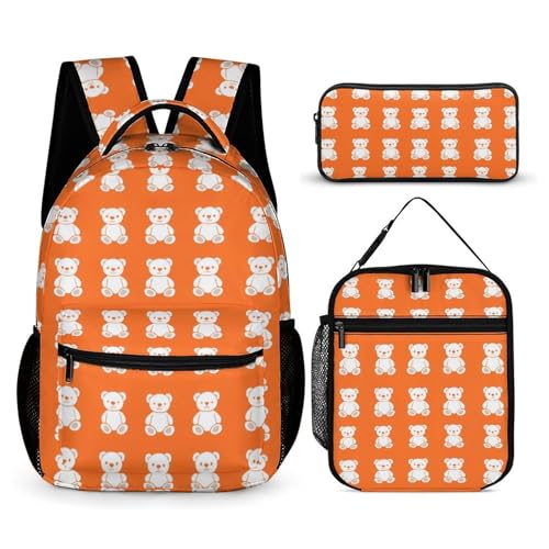 Teddy Bear Pattern Printed Backpack with Lunch Box Bag Pencil Case Pouch 3pcs Daypack Set for Women Men