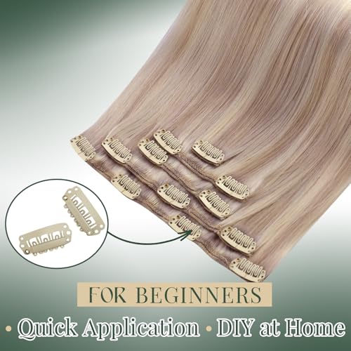Image of Ugeat Human Hair Clip in Extensions Highlight 12 Inch 5pcs 85g Appearance | Invisible Clip in Hair Extensions Human Hair , Ash Blonde Highlights Bleach Blonde , Shoulder Length