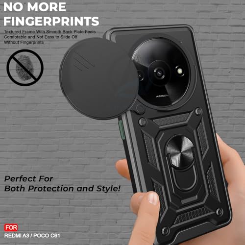 Image of AESTMO Tough Armor Redmi A3 / A3X / Poco C61 Bumper Back Case Cover | Ring Holder & Sliding Camera Shield Cover | 360 Degree Protection Back Case Cover for Redmi A3 / A3X / Poco C61 (Black)