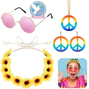 Accesorios Hippies, XCOZU Conjunto de Disfraz Hippies Incluir 1 Artículo Collar Hippie Colgante Hippie y 2 Artículo Aretes, 1 Artículo Rosa Gafas Hippie y Diadema de Girasol Utilizado para Fiestas