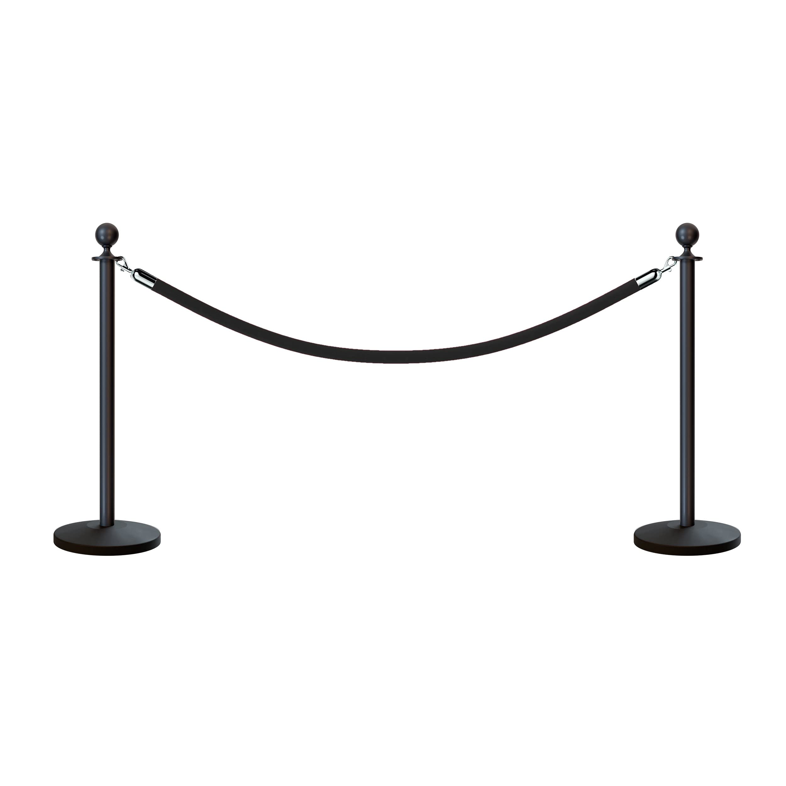 Crowd Control Warehouse - CCW Post and Rope Stanchion Kit - 2 Black Ball Top Posts, 1 Black Heavy Duty Velvet Cotton Core Rope (6ft Each) in Polished Stainless Snap Ends