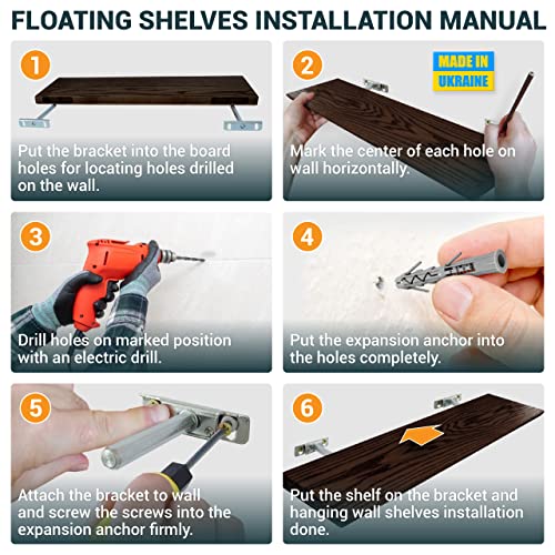 Wood Floating Shelves, 100% Ash Wood, Set Of 2-Rustic Shelf 24" Wide Wooden Wall Shelves, Made In Europe, For Living Room Bedroom Kitchen Bathroom Farmhouse, Teak Color, 24" X 6.5" Live Edge #TOP5