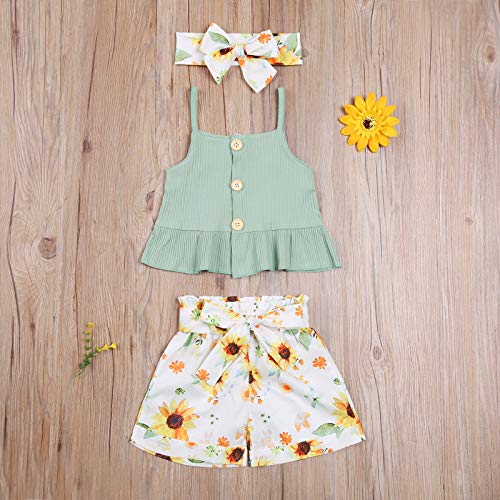 3Pcs/Set Toddler Baby Girl Summer Outfit Sleeveless Ruffle Crop Top Floral Shorts Headband Clothes (Green, 12-18 Months) - Thumbnail 4