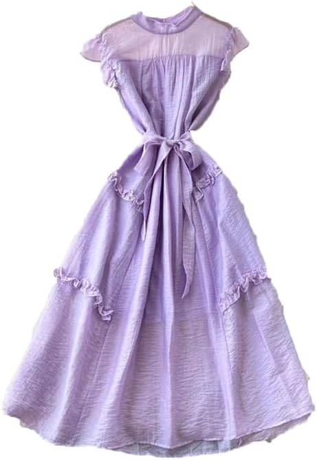 Women Stand Collar Sleeveless Dress Ruffles High Waist Lace Up Solid Color A-Line Boho Long Dress