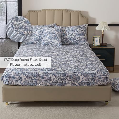 Image of FADFAY Blue Toile Sheets Set Cal King French Country Vintage Farmhouse Bedding Exotic Scenic Floral Bedding 100% Egyptian Cotton Soft Sheet Set with Deep Pocket Fitted Sheet 4Pc, California King Size