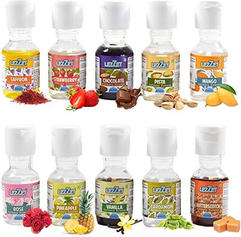 Lezzet Culinary Essence Assorted 20 Ml, Pack of 10 Flavors (Vanilla, Pineapple, Cardamom, Rose, Butterscotch, Strawberry, Saffron, Pista, Mango and Chocolate)