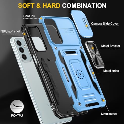 Image of Polycarbonate Slide Camera Cover with Ring Holder Mobile Phone Back Cover for Samsung Galaxy A15 5G /A15 4G (Blue)