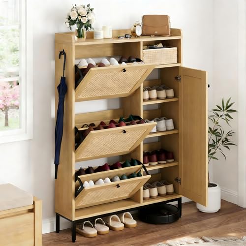 Rattan Shoe Cabinet with Flip Drawers and Storage