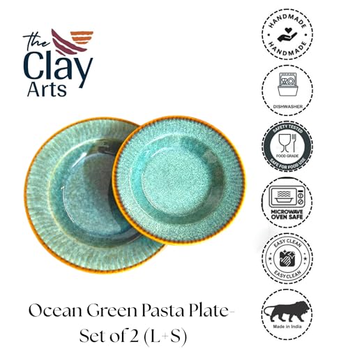 Image of Premium Pasta Plates, Ceramic Plates for Pasta, Round & Deep Dish, Microwave & Dishwasher Safe, Handmade Stoneware, Ocean Blue, Set of 2, 1 Large (9.5 Inch) & 1 Small (7.5 Inch)