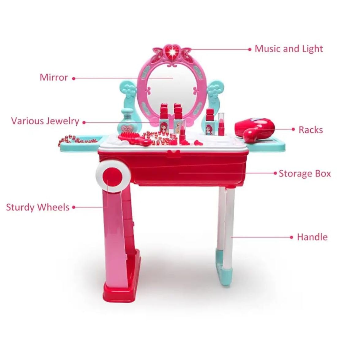 UB Toys Beauty Makeup Kit For Doll Girls Cosmetic Set 2 In 1 Vanity Table Portable Trolley Pretend Play Set Toy With Make Up Accessories For Kids Plastic 4
