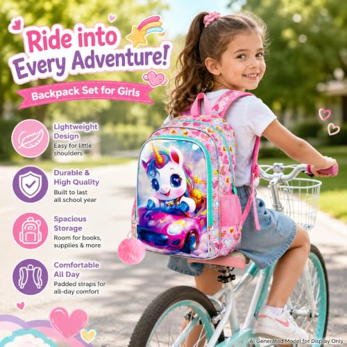 Image of 3Pcs Unicorn Backpack for Girls, 16 inch School Backpacks Set for Elementary Preschool Kindergarten, Kids Car Bookbag with Lunch Box(Pink)