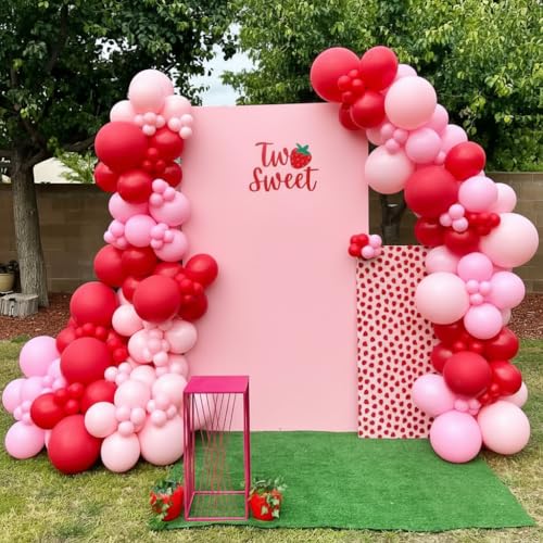 Image of Strawberry Balloons Garland Arch Kit 163pcs with 27 inch Strawberry Foil Balloons, Red and Pink white Balloons for Sweet Girl Berry First Birthday Themed Baby Shower Strawberry Party Decorations