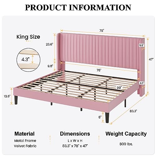 Image of SHA CERLIN King Size Velvet Bed Frame, Tufted Wingback Headboard, Pink | 47'' Modern Vertical Channel Headboard, Upholstered Platform Bed, Wood Slats, No Box Spring Needed, Easy Assembly, Noise Free