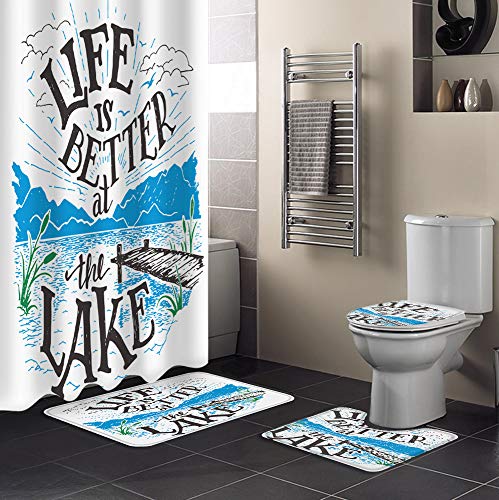 OneHoney 4-teiliges Duschvorhang-Set mit Teppichen, „Life is Better at The Lake“-Zitate, Badezimmervorhänge, See- und Berglandschaftsdekor, Fußmatte, Toilettendeckelbezug und Badematte ( Color : Bluel – Bild 3