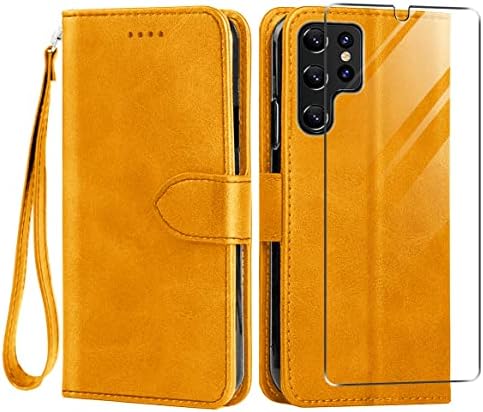 for Samsung Galaxy S23 Ultra Case and Tempered Glass Screen Protector, PU Leather Flip Cover Wallet Phone Case Protector [Full Protection] [Card Slots] [Kickstand] for Samsung S23 Ultra, Yellow