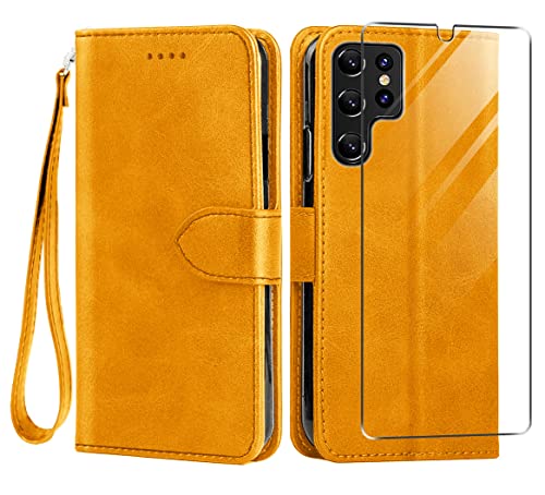For Samsung Galaxy S23 Ultra Case And Tempered Glass Screen Protector, Pu Leather Flip Cover Wallet Phone Case Protector [Full Protection] [Card Slots] [Kickstand] For Samsung S23 Ultra, Yellow #TOP11