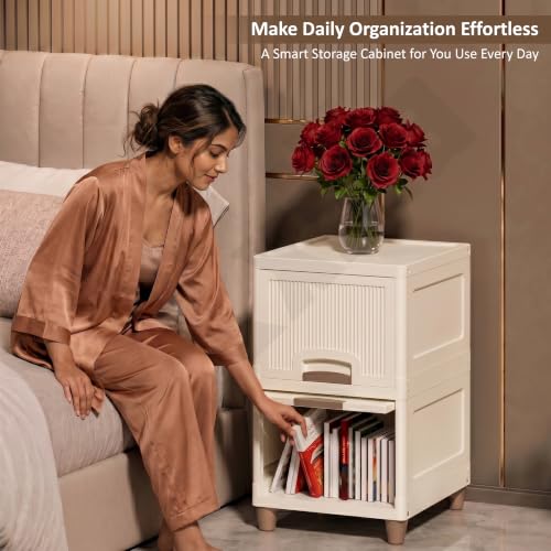 Image of 2 Tier Wardrobe Organizer | Foldable Organizer for Clothes | Multipurpose Storage Rack | Space Saving Closet for Living Room | Stackable Cabinet for Home & Living Room (Ivory, Plastic)
