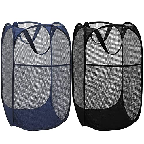 Image of BATTOO Deluxe Strong Mesh Pop up Laundry Hamper Basket with Side Pocket Foldable Hamper for Laundry Room, Bathroom, Kids Room, College Dorm or Travel Navy + Black