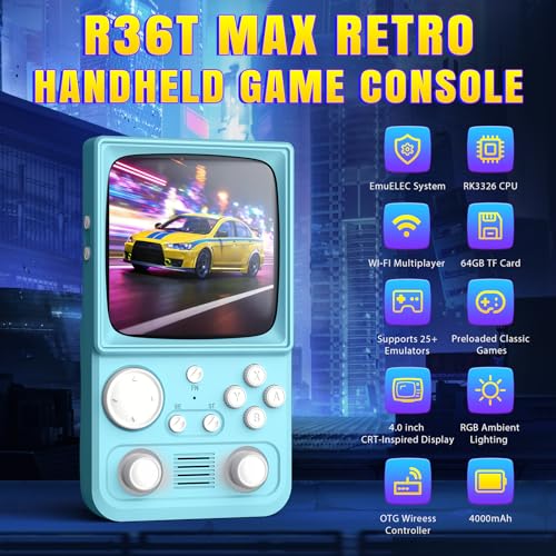 Image of R36TMAX Upgraded Retro Handheld Game Console with 4000mAh Battery, 4.0'' IPS Screen, Retro Gaming Console with Portable Case, Supports WiFi Networked Fighting and OTG (128GB Blue)