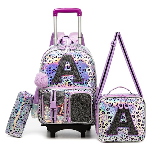 Image of Meetbelify 3 in 1 Backpack with Wheels for Girls Rolling Letter Backpack Cute Carry on Backpack Kids Luggage with Lunch Box Pencil Case for Elementary Student