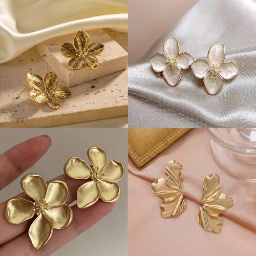 Gold Flower Earrings Floral Petal Stud Earrings Statement Earrings for Women 4 Pairs2