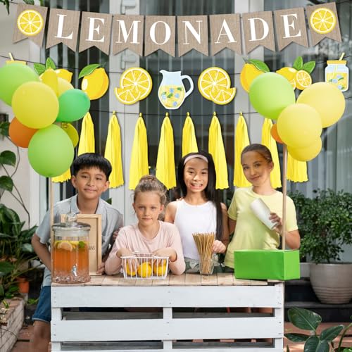 Image of Lemonade Stand Party Decorations - 3PCS Lemonade Stand Supplies for Kids Lemonade Banner Garland for Summer Lemonade Sign Tassels Lemon Themed Bridal Shower Birthday Party Supplies Decor
