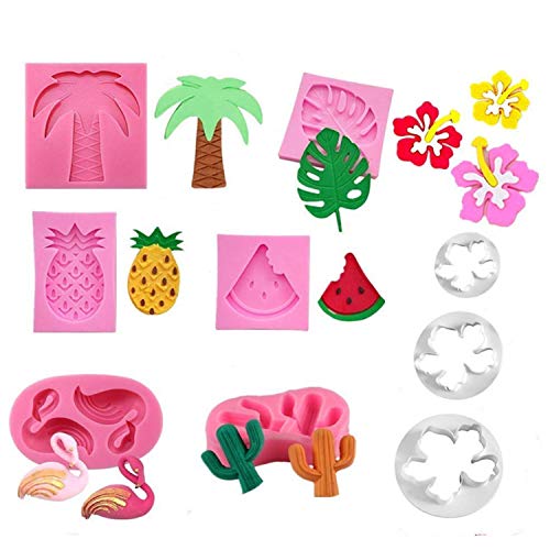 Jasonsy Hawaiian Tropical Rain Forest Theme Cake Fondant Mold SetFlamingoPineappleCactusWatermelonTropical LeafCoconut Palm TreeCoconut Tree Flower Candy Silicone Mold Cake Decoration9 pcs