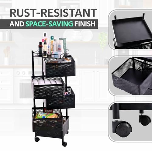 Image of KRISHYAM 5-Tier Metal Kitchen Trolley with Wheels | Multi Layer Kitchen Storage Rack | Vegetable Trolley & Onion Rack in Kitchen | Multipurpose Organizer Black (5-Tier Square)