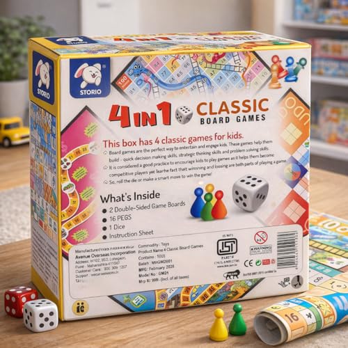 Image of Storio 4-in-1 Classic Board Games for Kids 5+ Years | Snakes & Ladders, Ludo, Drive Your Car & Money Game | Family Board Game Set with Dice & Pawns | Educational Strategy Game for Boys & Girls