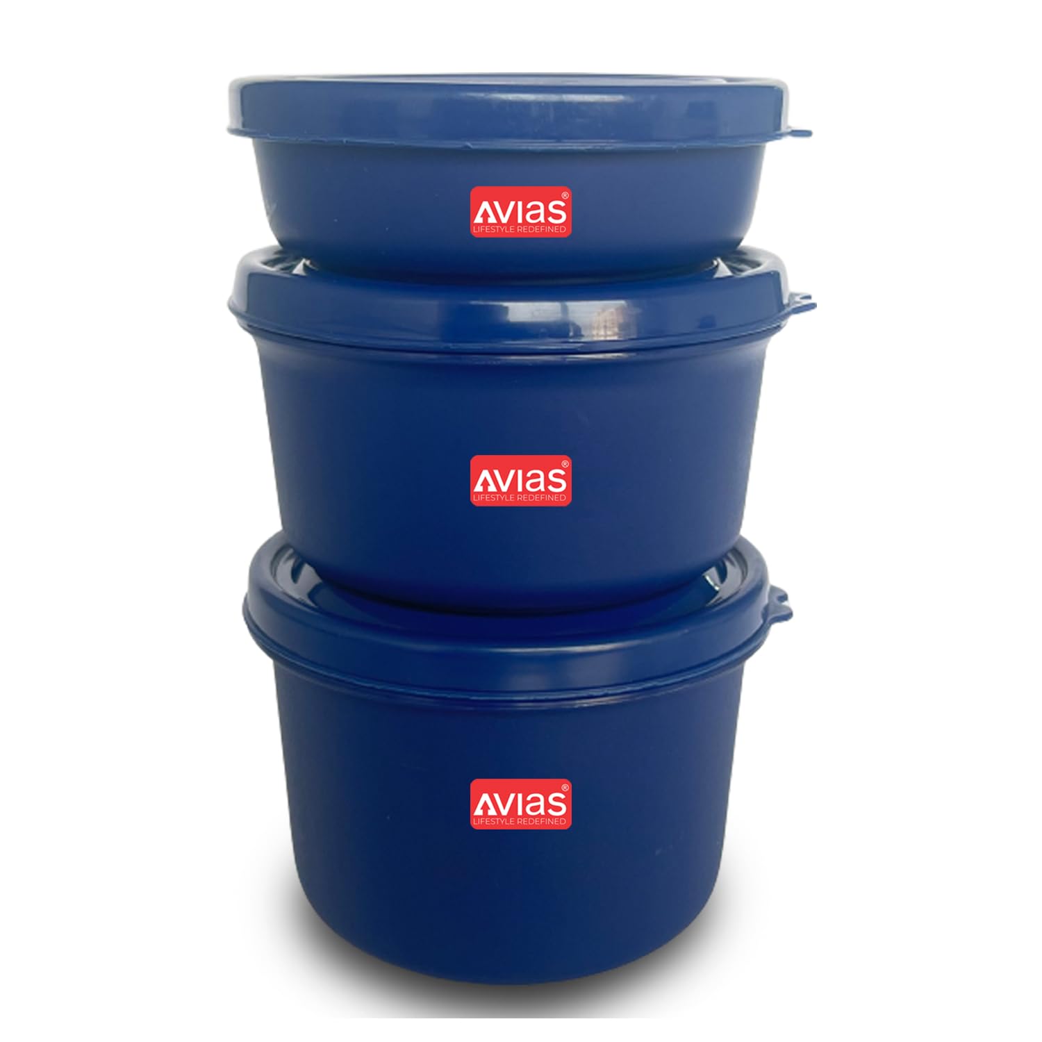 AVIAS Micra Polypropylene Lunch Box Set, 3 Containers - 200ml 400ml 500ml, Airtight Leakproof Containers with Lid, Round Lunch Box, Snacks Box, Snack Box for Office, Set of 3, Dark Blue