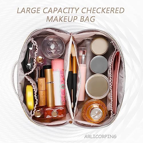 Image of ARLICORPING Large Capacity Cosmetic Travel Bag, Women's Makeup Travel Bag Portable Leather Cosmetics Bag, Makeup Storage Bags with Handle and Divider, Wide Opening Cosmetic Organizer. (Pink)