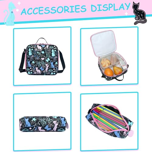 Image of Cute Cat School Backpacks for Girls Backpacks for School Black Bookbag with Lunch Box for Elementary Students Ages 6-8 Years Old