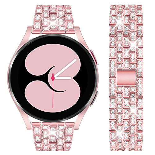DEALELE Bands Compatible with Samsung Galaxy Watch 6/6 Classic / 5/5 Pro/Galaxy Watch 4/4 Classic / 3 41mm / Active 2, 20mm Shiny Diamond Metal Replacement Strap for Women Men (Rose pink)