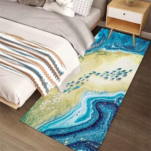 Canapé de salon sublimé par un grand tapis bleu antidérapant de 50x80cm