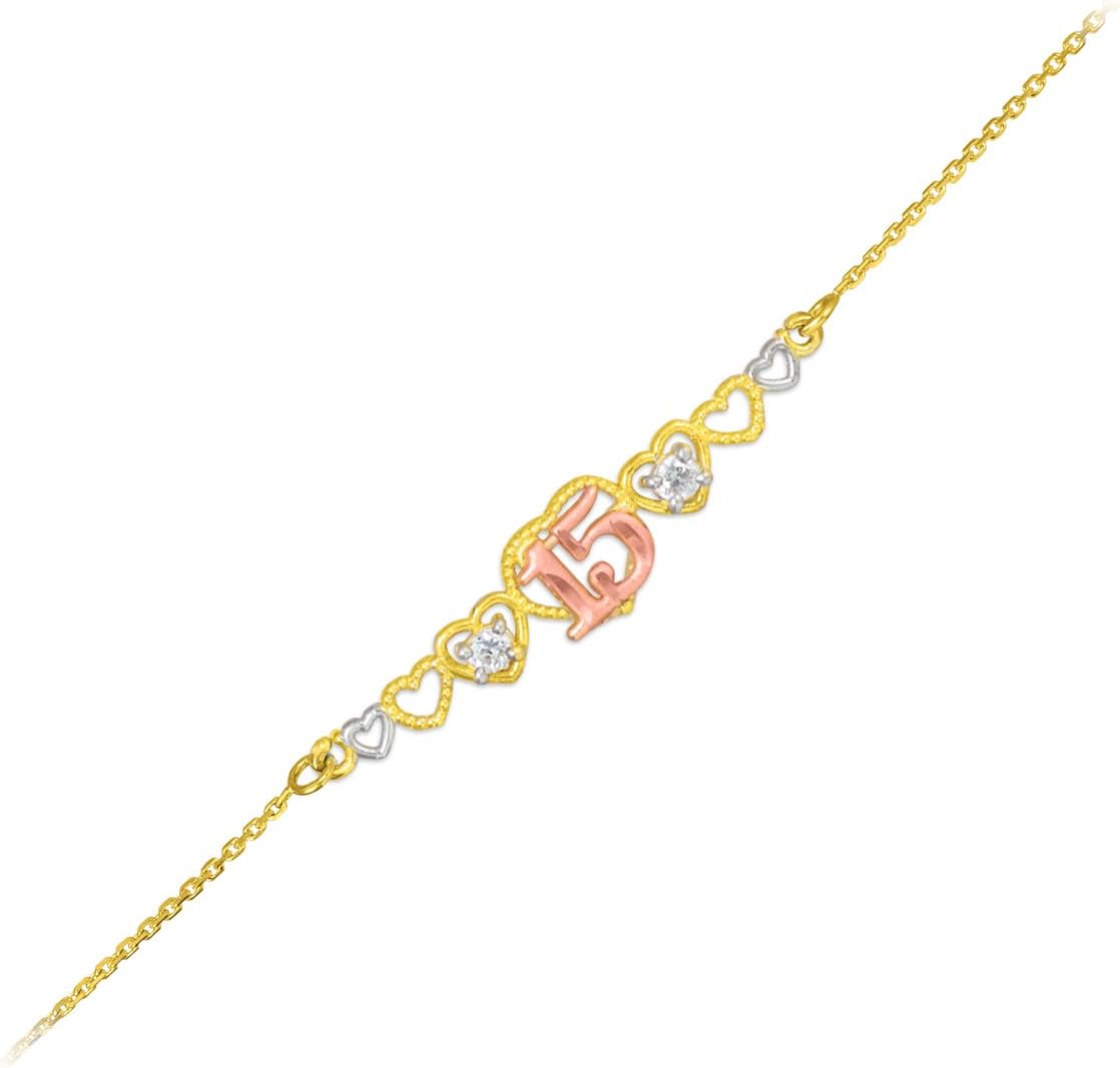 14K Tri Color Gold White Cubic Zirconia Sweet 15 A os Milgrain Quinceanera Hearts Cable Chain Bracelet - 7 with 1/2" Extender