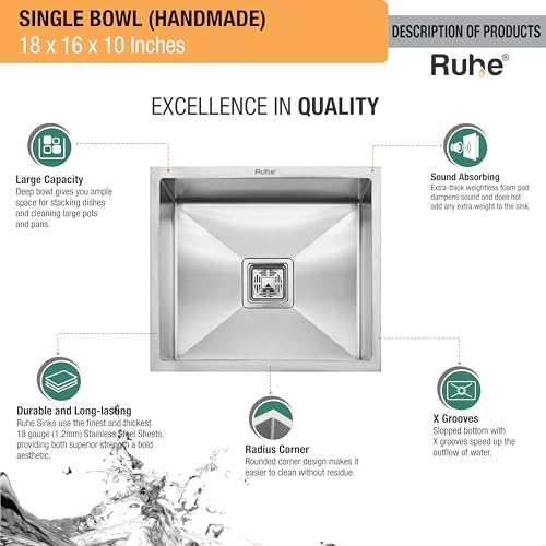 Image of Ruhe Handmade Exclusive Single Bowl 18x16 x10 inches Kitchen Sink | Premium Stainless Steel Single Bowl Kitchen Sink | with Brushed Matte Finish Including Strainer-Basket /Sink Coupling /Waste Pipe