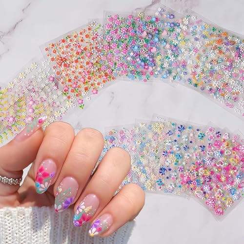 30 Sheets Flower Nail Stickers - Spring/Summer Nail Art Decals, 3D Self-Adhesive Nail Supplies with Rose, Daisy, Heart Designs for DIY Nail Decorations