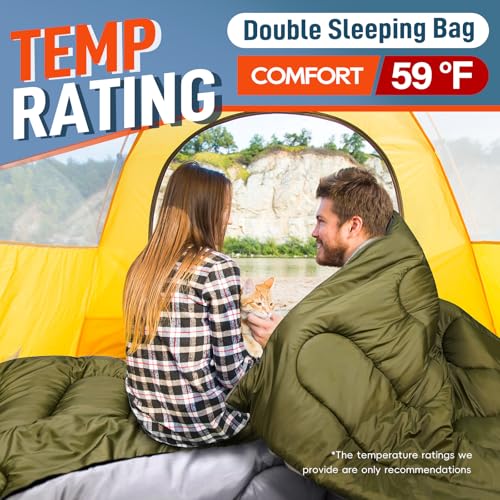 Image of MEREZA Double Sleeping Bag for Adults Mens with Pillow, XL Queen Size Two Person Sleeping Bag for All Season Camping Hiking Backpacking 2 Person Sleeping Bags for Cold Weather & Warm