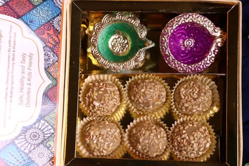 Image of Misstevia Sugar Free Dry Fruit Laddu Gift Box| Stevia Sweetened Sugar free Sweets| Indian Mithai Box | Diabetic Friendly Sweets | Valentine gifts for Family Friends and Office| 130g Sweet Gift Hampers With Two Diya