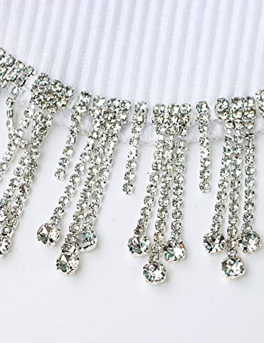 Lauweion Women’s Rhinestones Tassel Sleeveless Crop Top Diamond Decoration Fringe Racer Back Ribbed Knit Crop Tank Top White #TOP4