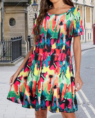 Image of Womens Summer Dresses Beach Casual Loose Tshirt Floral Short Sleeve Flowy Pockets Sundresses 2026